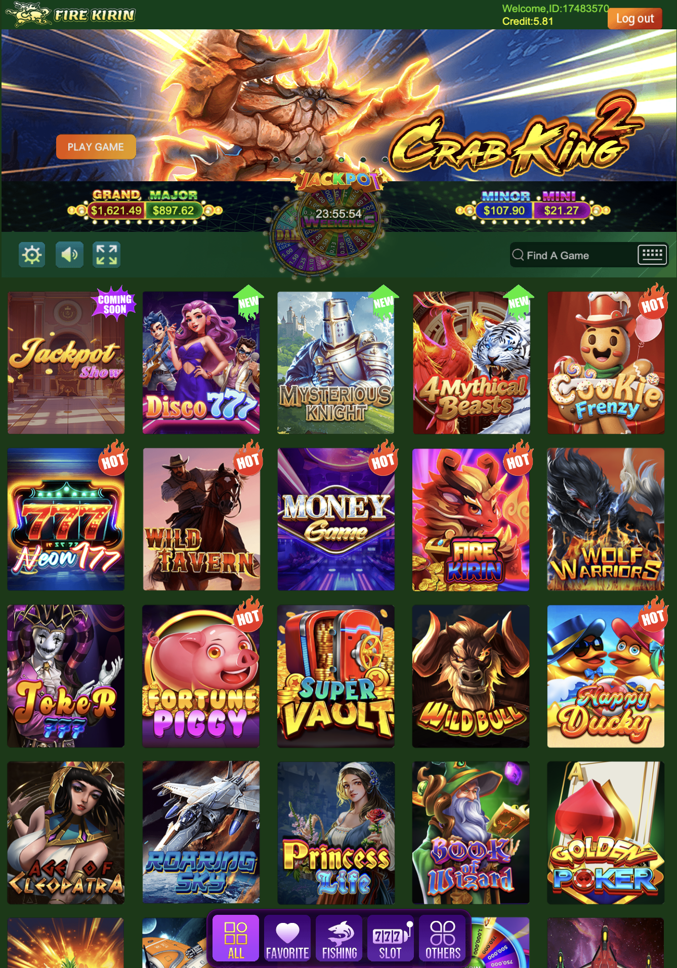 Fire Kirin Arcade Console Interface Layout